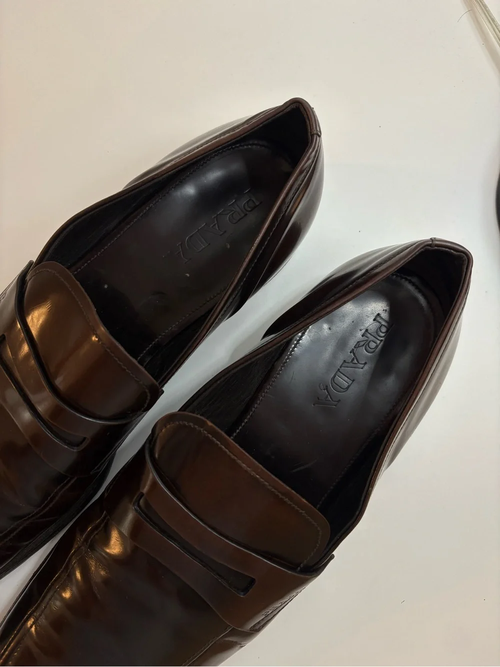 PRADA•Men’s Dark Brown Polished Leather Penny Loafers Square Toe Size 10 Italy